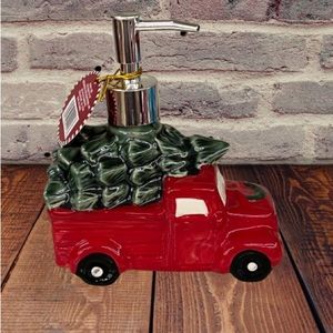 New Ceramic Christmas Farm Red Truck Soap Dispenser